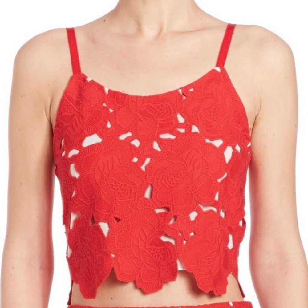 Alice + Olivia Red Lace Detail Alanis Crop Top